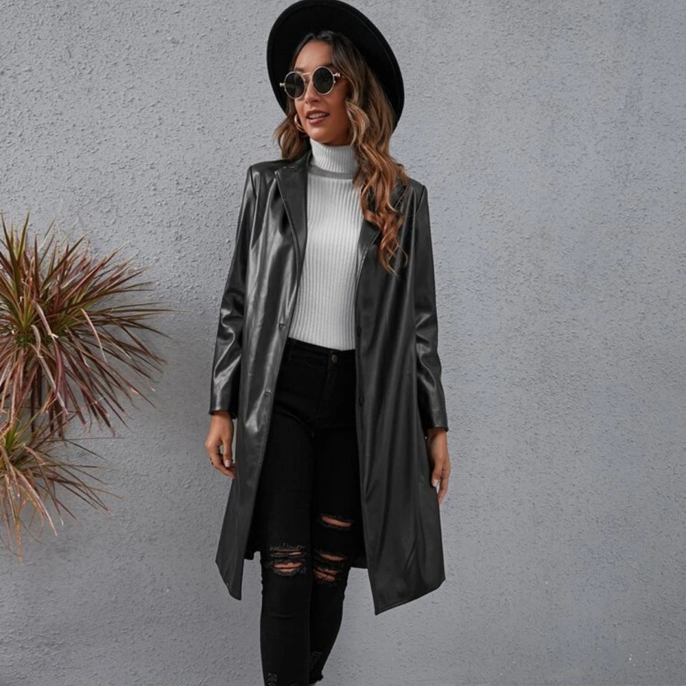 Vegan leather long line trench coat jacket black